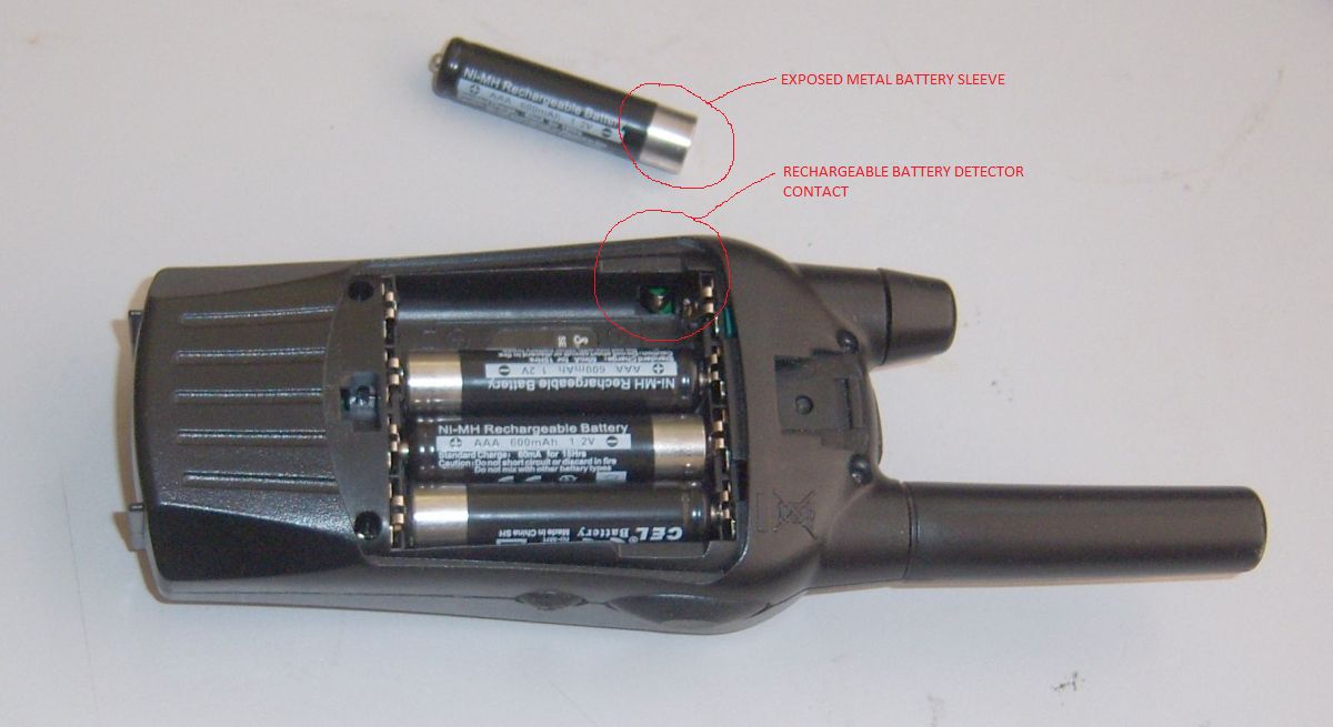 Cobra MT walkie-talkie battery compartment