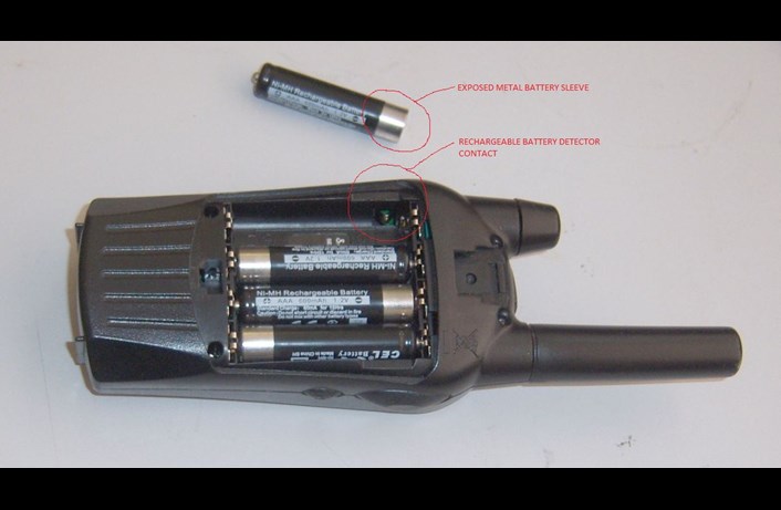 Cobra MT walkie-talkie battery compartment