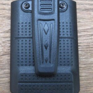 amherst-a66-battery-with-belt-clip-fitted Belt Clip for A66 Walkie Talkie Battery, black plastic with textured grip and screw fixings, displayed on a wooden surface.