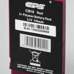 Rectangular red Li-Polymer CB18 battery for CP183 walkie-talkie, 3.7V 750mAh, with barcode, serial number, and safety warnings on the back.