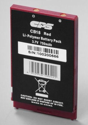 cb18-battery-red Rectangular red Li-Polymer CB18 battery for CP183 walkie-talkie, 3.7V 750mAh, with barcode, serial number, and safety warnings on the back.
