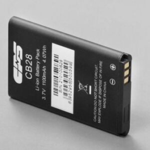 The CB28 battery for CP228 walkie-talkie is a rectangular lithium-ion pack (3.7V 1000mAh 4.07Wh) with gold contacts and warning text on the side.