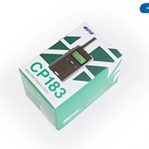 Box of a CPS Telecom CP183 Tiny PMR446 Radio, featuring an image of the radio, model number, brand logos, and text in English and Chinese on the packaging.