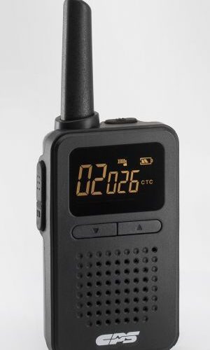 cp226-front-view-1 The CPS Telecom CP226 PMR446 Waterproof Walkie-Talkie is a black handheld two-way radio with an aerial, digital display showing "02 026 CTC," buttons, speaker grille, and a logo at the bottom.