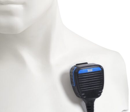 entel-atex-speaker-microphone-cmpdt9s A person wearing the ATEX Speaker / Microphone for DT982 DT985 clipped to their shirt near the shoulder.