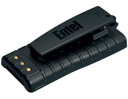 entel-dt-atex-battery An ATEX compliant battery for DT982/DT985 radios in black, featuring a belt clip and three gold contact points, displayed on a white background.