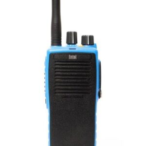 The Entel DT982 Atex 2c walkie-talkie is a blue and black handheld radio featuring an aerial, speaker grille, control knobs, and side button, displayed against a white background.