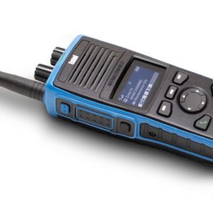 The Entel DT985 Atex 2c is a handheld walkie-talkie featuring a blue casing, aerial, display screen, and multiple control buttons.