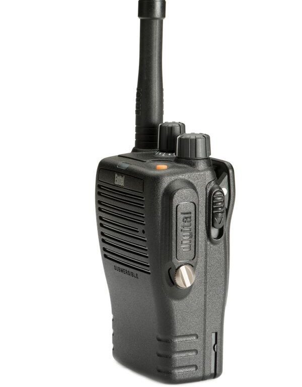 entel-dx482-right The Entel DX482 Digital/Analogue Walkie Talkie Radio is a black handheld device with a short aerial, control knobs, and a side button, shown upright on a white background.