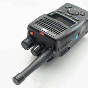 The Entel DX485 Digital / Analogue Walkie-Talkie Radio is a black two-way transceiver featuring knobs, buttons, a display screen, and an aerial, shown on a white background.