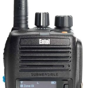 The Entel DX485 Digital/Analogue Walkie-Talkie Radio features an aerial, control knobs, a channel display screen, and navigation buttons below the display.