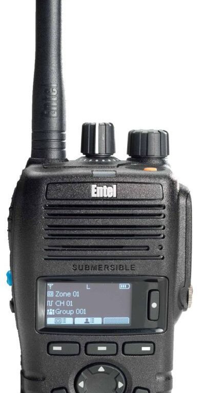 The Entel DX485 Digital/Analogue Walkie-Talkie Radio features an aerial, control knobs, a channel display screen, and navigation buttons below the display.