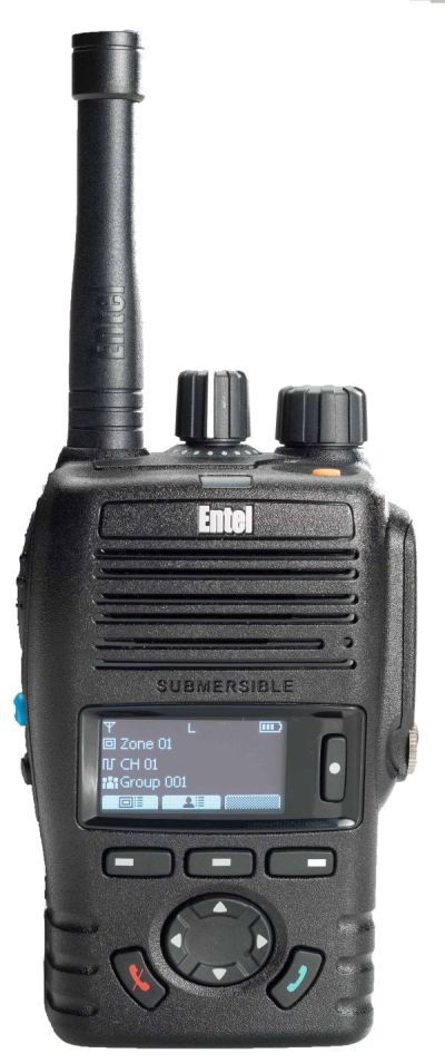 The Entel DX485 Digital/Analogue Walkie-Talkie Radio features an aerial, control knobs, a channel display screen, and navigation buttons below the display.