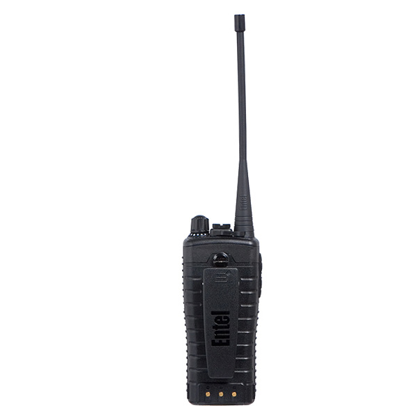 entel-ht-644-back-view A black handheld Entel HT644 Marine VHF walkie-talkie with a long aerial and "Ethel" labelled on the front.