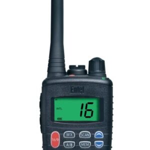 entel-ht-644-front-view The Entel HT644 Marine VHF Walkie-Talkie is a handheld radio with a long aerial, digital display showing 16, front buttons and dials, and "SUBMERSIBLE" printed at the bottom.