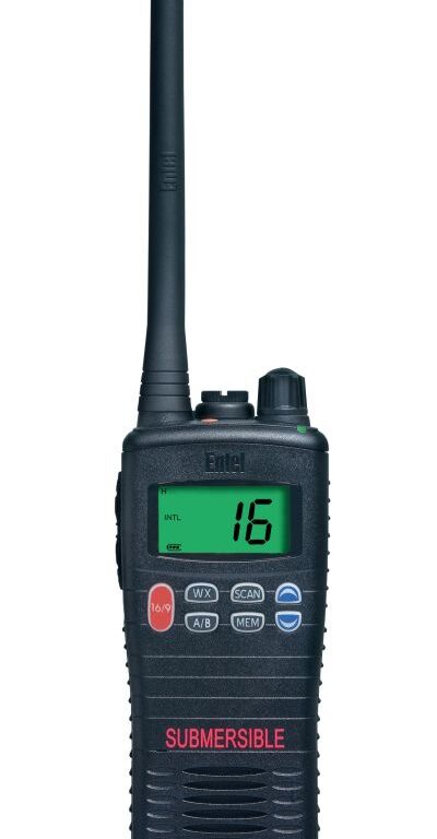 entel-ht-644-front-view The Entel HT644 Marine VHF Walkie-Talkie is a handheld radio with a long aerial, digital display showing 16, front buttons and dials, and "SUBMERSIBLE" printed at the bottom.