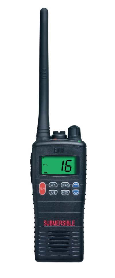 entel-ht-644-front-view The Entel HT644 Marine VHF Walkie-Talkie is a handheld radio with a long aerial, digital display showing 16, front buttons and dials, and "SUBMERSIBLE" printed at the bottom.