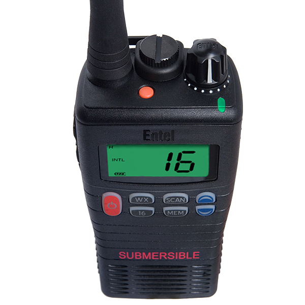 entel-ht-644-top-view The Entel HT644 Marine VHF Walkie Talkie is a handheld two-way radio with an aerial, digital display showing "16," and "SUBMERSIBLE" labelled at the bottom.