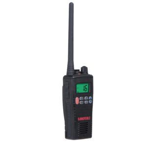 entel-ht644-side-view The Entel HT644 Marine VHF Walkie Talkie is a black handheld radio with a digital display showing "16," buttons below the screen, a long aerial, and “SUBMERSIBLE” printed in red.