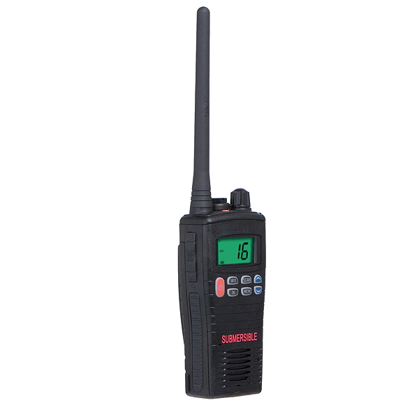 entel-ht644-side-view The Entel HT644 Marine VHF Walkie Talkie is a black handheld radio with a digital display showing "16," buttons below the screen, a long aerial, and “SUBMERSIBLE” printed in red.
