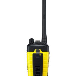 entel-ht649-back-view A yellow and black Entel HT649 Marine VHF GMDSS emergency walkie-talkie with an aerial, control knobs, and a belt clip.