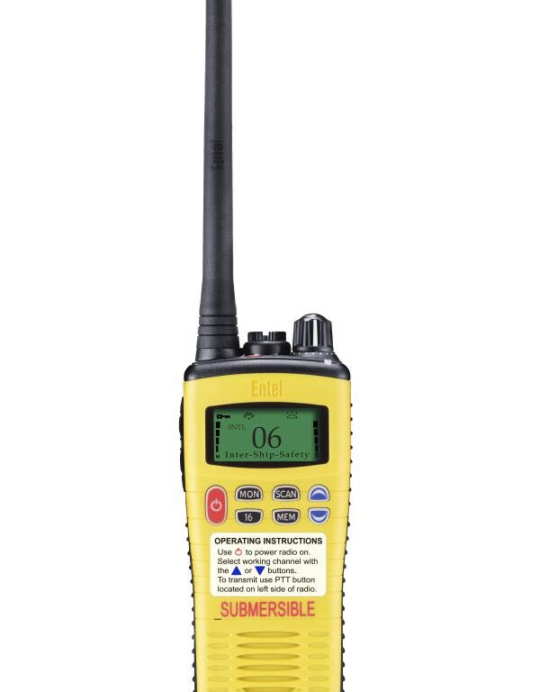 entel-ht649-front-view The Entel HT649 Marine VHF GMDSS Emergency Walkie-Talkie is a yellow handheld radio with a long black aerial, digital display, buttons, and "SUBMERSIBLE" labelled near the base.
