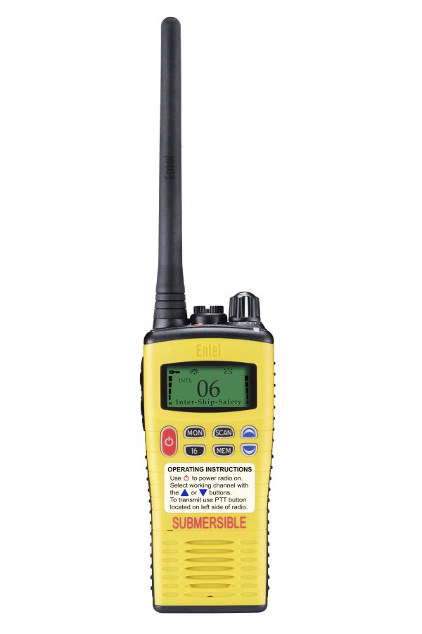 entel-ht649-front-view The Entel HT649 Marine VHF GMDSS Emergency Walkie-Talkie is a yellow handheld radio with a long black aerial, digital display, buttons, and "SUBMERSIBLE" labelled near the base.