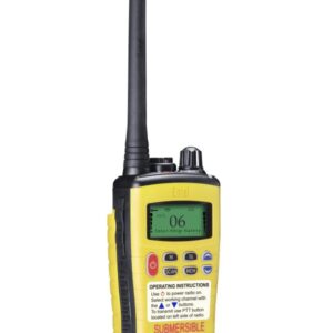 entel-ht649-sie-view The Entel HT649 Marine VHF GMDSS Emergency Walkie-Talkie is a yellow and black handheld radio with a long aerial, digital display, labelled buttons, and "SUBMERSIBLE" printed on the front.