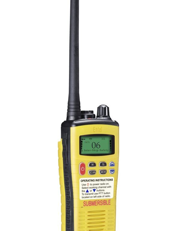 The Entel HT649 Marine VHF GMDSS Emergency Walkie-Talkie is a yellow and black handheld radio with a long aerial, digital display, labelled buttons, and "SUBMERSIBLE" printed on the front.