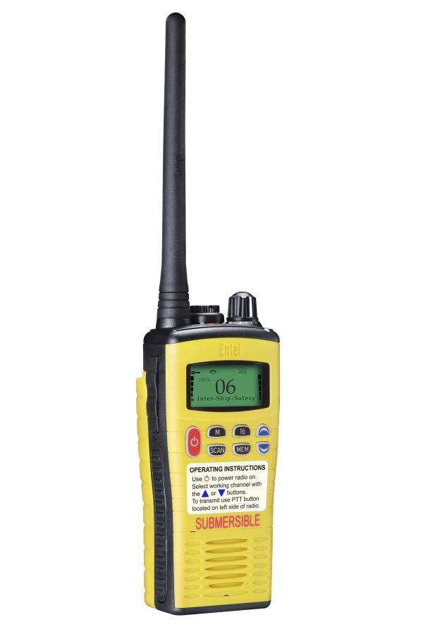 entel-ht649-sie-view The Entel HT649 Marine VHF GMDSS Emergency Walkie-Talkie is a yellow and black handheld radio with a long aerial, digital display, labelled buttons, and "SUBMERSIBLE" printed on the front.