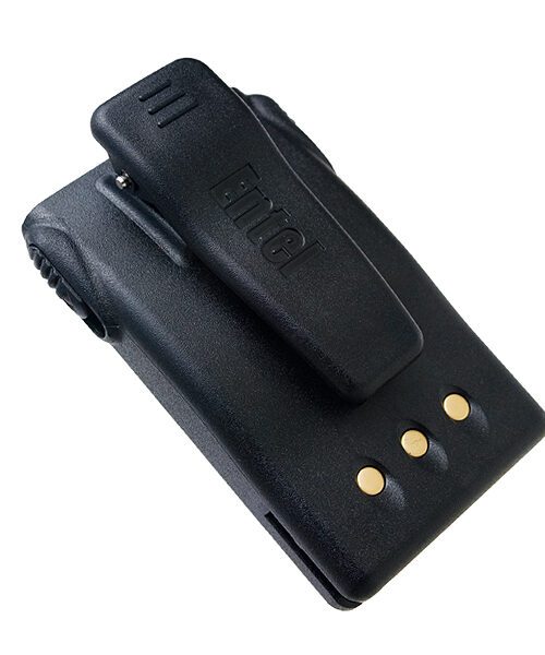 entel-hx-battery-cnb450e The Entel HX Walkie-Talkie Standard Battery Pack CNB450E, in black, with a belt clip and three gold contact points, is displayed on a white background.