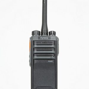A black Hytera PD405 Digital/Analogue Walkie-Talkie Radio stands upright with an aerial against a plain white background.