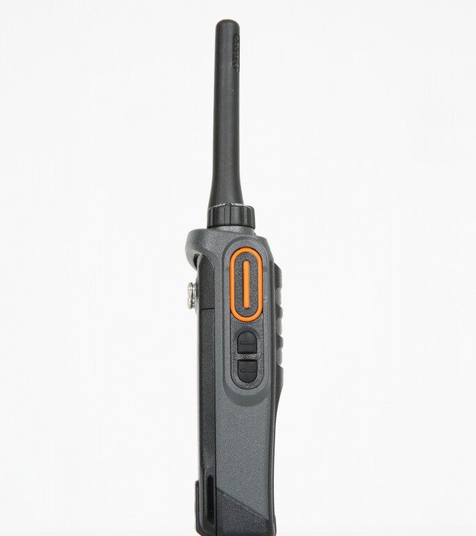 The Hytera PD405 Digital / Analogue Two-Way Radio, featuring a black body, orange button, and aerial, is shown upright against a white background.
