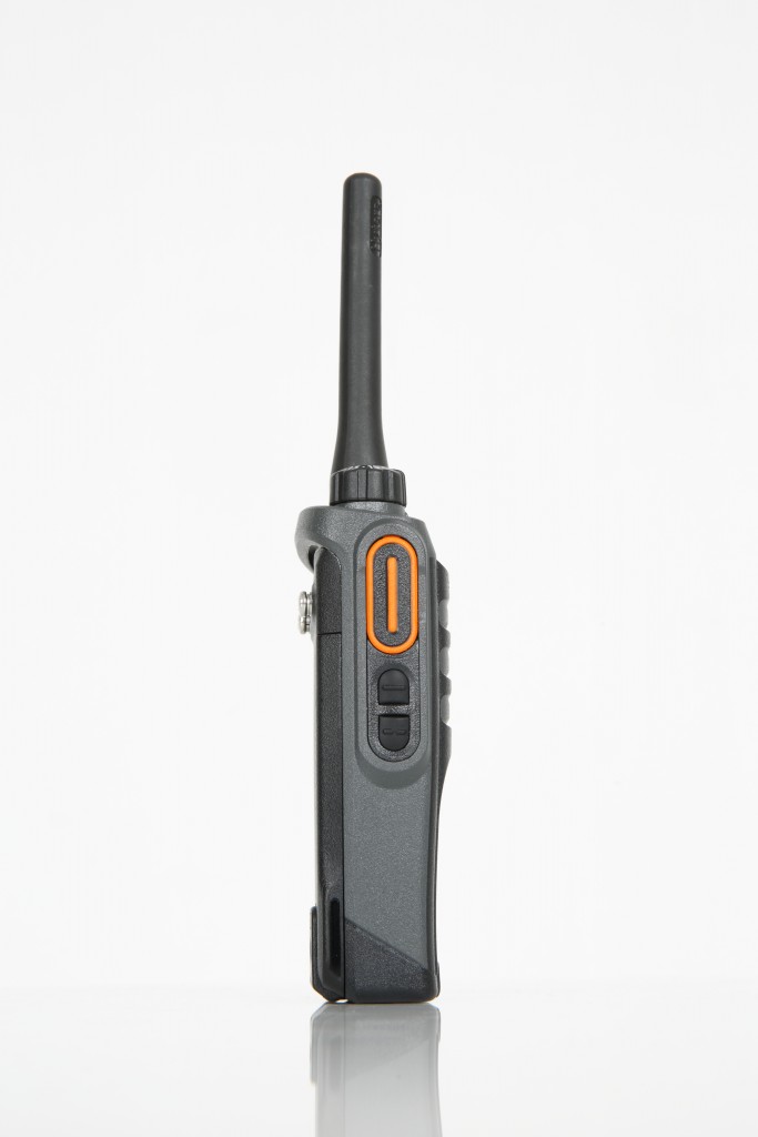 The Hytera PD405 Digital / Analogue Two-Way Radio, featuring a black body, orange button, and aerial, is shown upright against a white background.