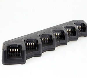 hytera-six-slot-charger-new A Hytera PD7xx Battery BL2008/BL2006 six-slot charging dock in black with gold connector pins, shown on a white surface.