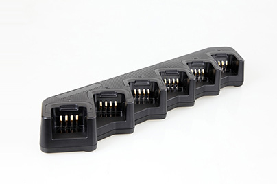 hytera-six-slot-charger-new A Hytera PD7xx Battery BL2008/BL2006 six-slot charging dock in black with gold connector pins, shown on a white surface.