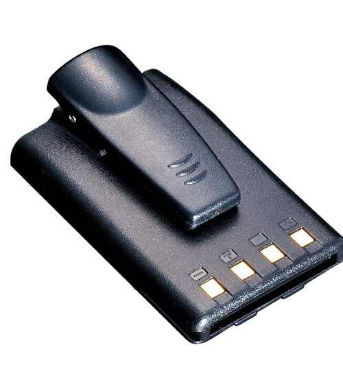 kirisun-battery-kb42a The Kirisun PT558 / PT4200 Walkie Talkie Radio Battery KB42A is a black rechargeable battery pack with four gold contact points and a clip, shown on a white background.