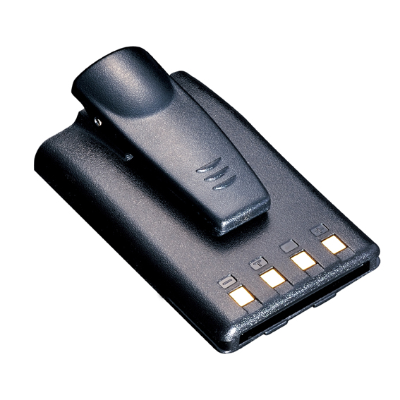 kirisun-battery-kb42a The Kirisun PT558 / PT4200 Walkie Talkie Radio Battery KB42A is a black rechargeable battery pack with four gold contact points and a clip, shown on a white background.