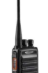 The Kirisun DP405 Digital / Analogue Two-Way Radio is a handheld device featuring an aerial, front-facing control buttons, and a speaker grille.