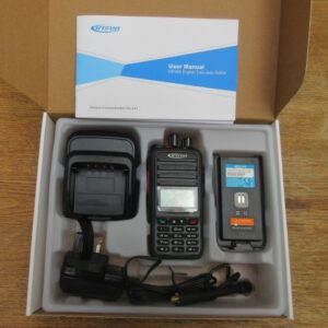 kirisun-dp480-box-contents The Kirisun DP480 Digital / Analogue Walkie Talkie Radio kit includes a user manual, charging dock, power adaptor, radio handset, and battery, all neatly arranged in a moulded tray.