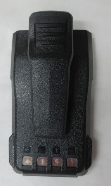 The Battery for Kirisun PT3600 walkie-talkies KB31A is a black plastic device with a textured surface, a large top clip, and four small square buttons at the bottom featuring various symbols and letters.