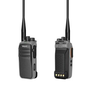 Two A50P UHF Mesh Walkie-Talkies in black and grey, shown front and back, with aerials, buttons, and textured grips.