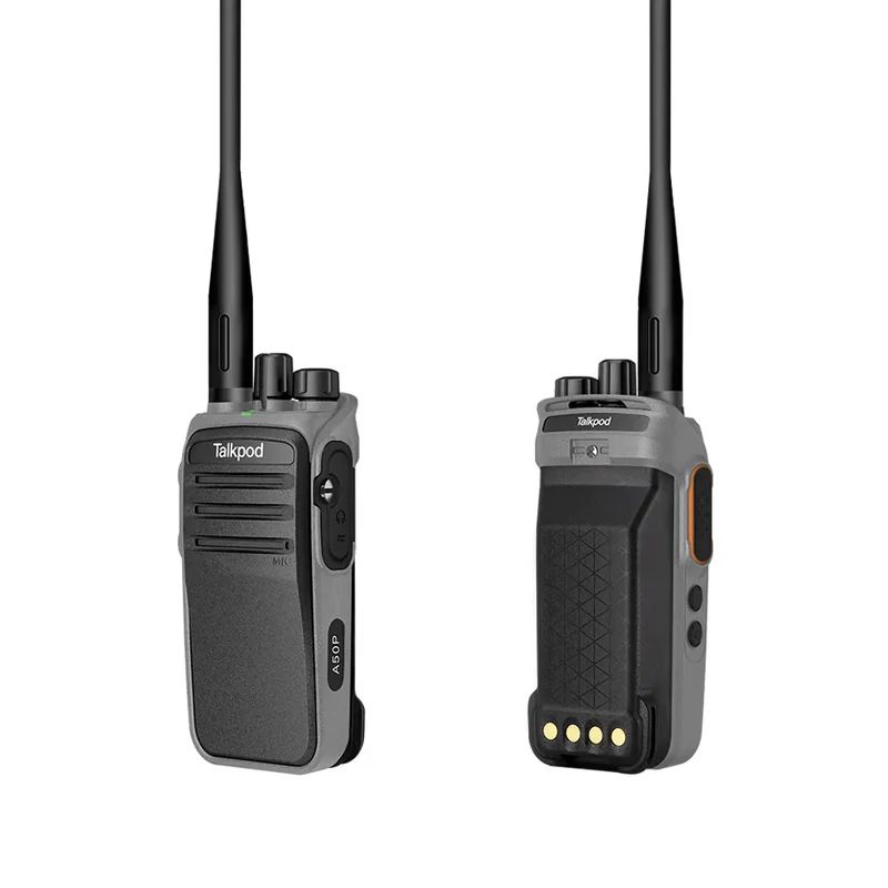 Two A50P UHF Mesh Walkie-Talkies in black and grey, shown front and back, with aerials, buttons, and textured grips.