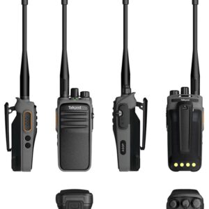 Four views and two close-ups of the black A50P UHF Mesh Walkie-Talkie with long aerial, displaying front, side, back, and top details like buttons, speaker, and connectors.