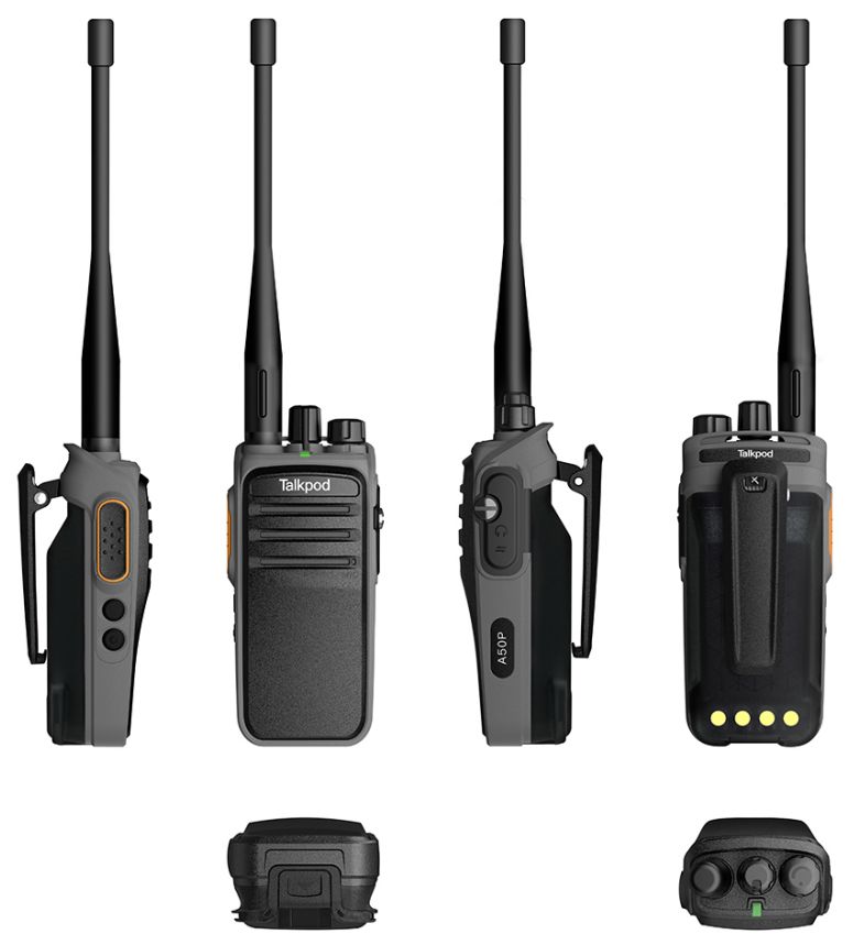 Four views and two close-ups of the black A50P UHF Mesh Walkie-Talkie with long aerial, displaying front, side, back, and top details like buttons, speaker, and connectors.