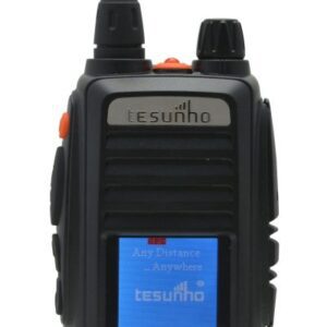 A front view of the Tesunho TH388 Display GPS Network Walkie-Talkie Radio in black, featuring a small screen, buttons, and an aerial.