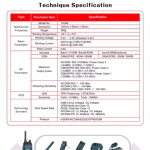 Technical specification sheet for the Tesunho TH388 Display GPS Network Walkie-Talkie Radio, covering dimensions, weight, working voltage/current, GSM/WCDMA bands, RF specs, GPS details, and data speed rates.