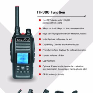 Product information sheet for the Tesunho TH388 Display GPS Network Walkie Talkie Radio, featuring a TFT display, programmable keys, LED torch, emergency alarm, and various accessory options.