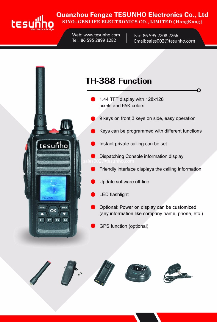 tesunho-th388-specification-sheet-2 Product information sheet for the Tesunho TH388 Display GPS Network Walkie Talkie Radio, featuring a TFT display, programmable keys, LED torch, emergency alarm, and various accessory options.