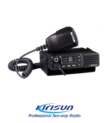 A Kirisun professional two-way radio with a handheld microphone, coiled lead, and control buttons, displayed above the Kirisun logo and slogan.